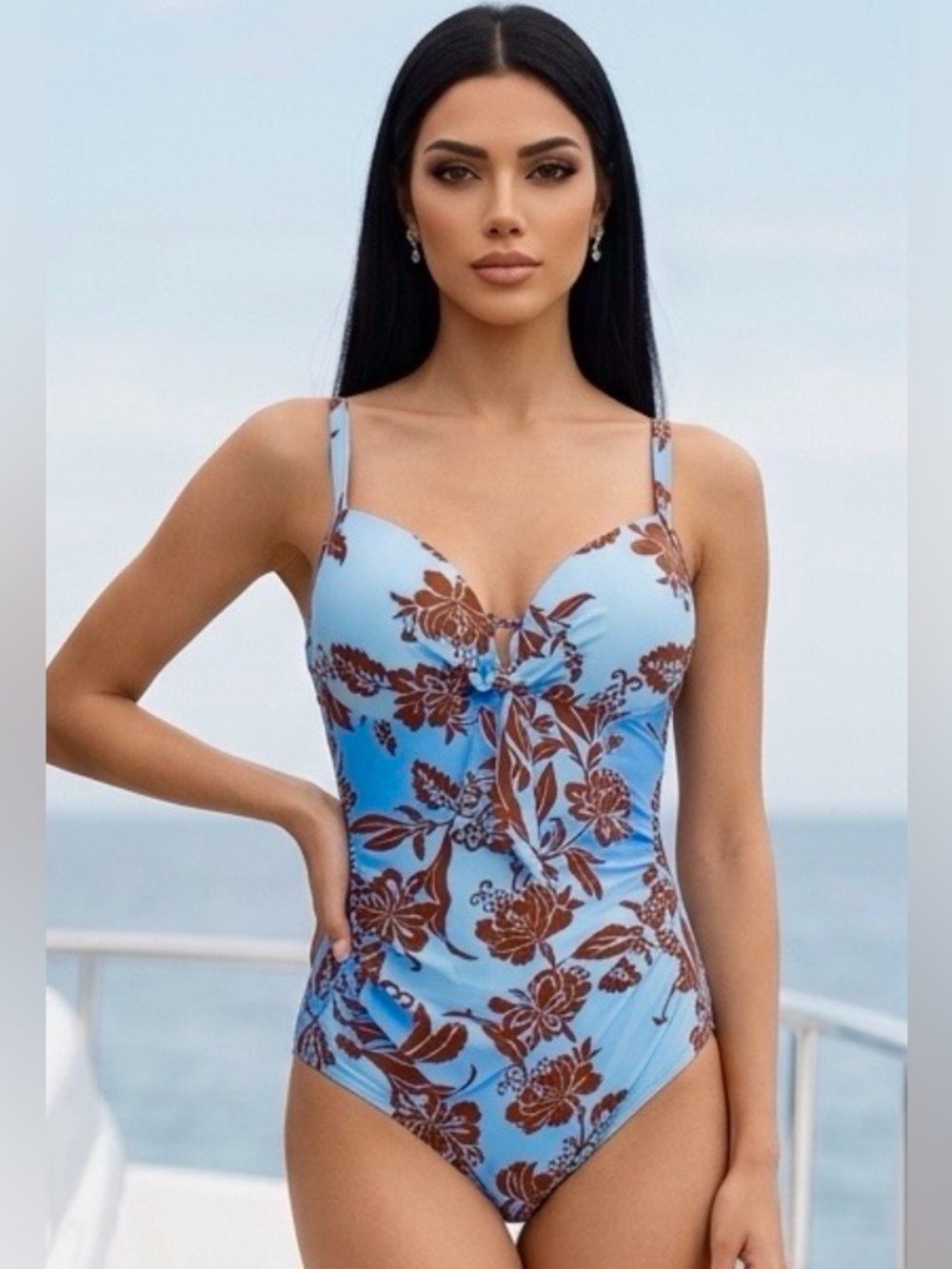 Blue & Brown Floral One-Piece Swimsuit w/Adjustable Straps Fully Lined Sizes 6&8